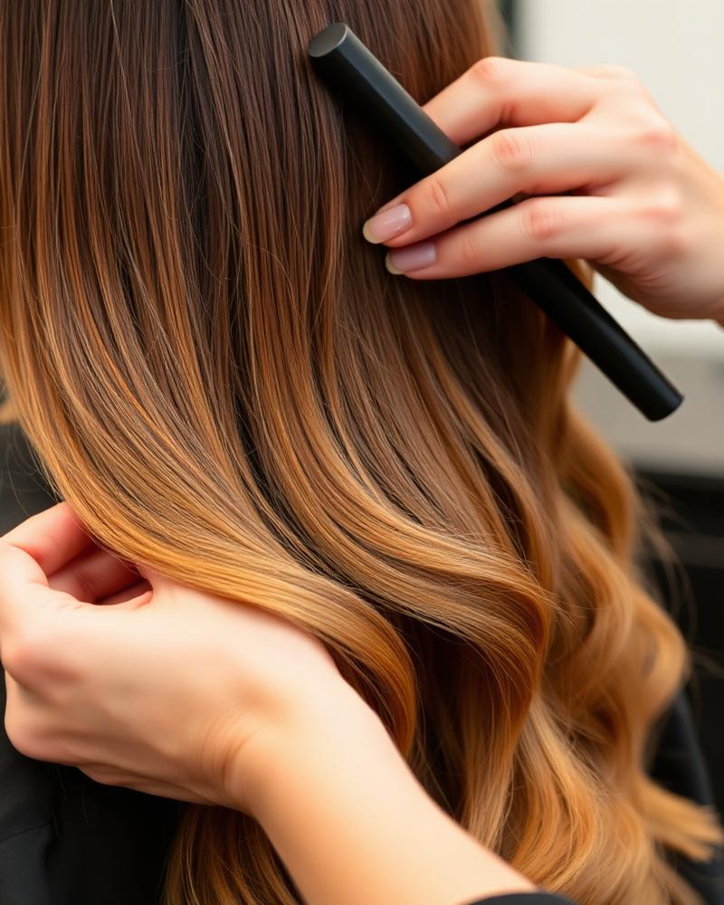 Warm balayage colour application on long hair